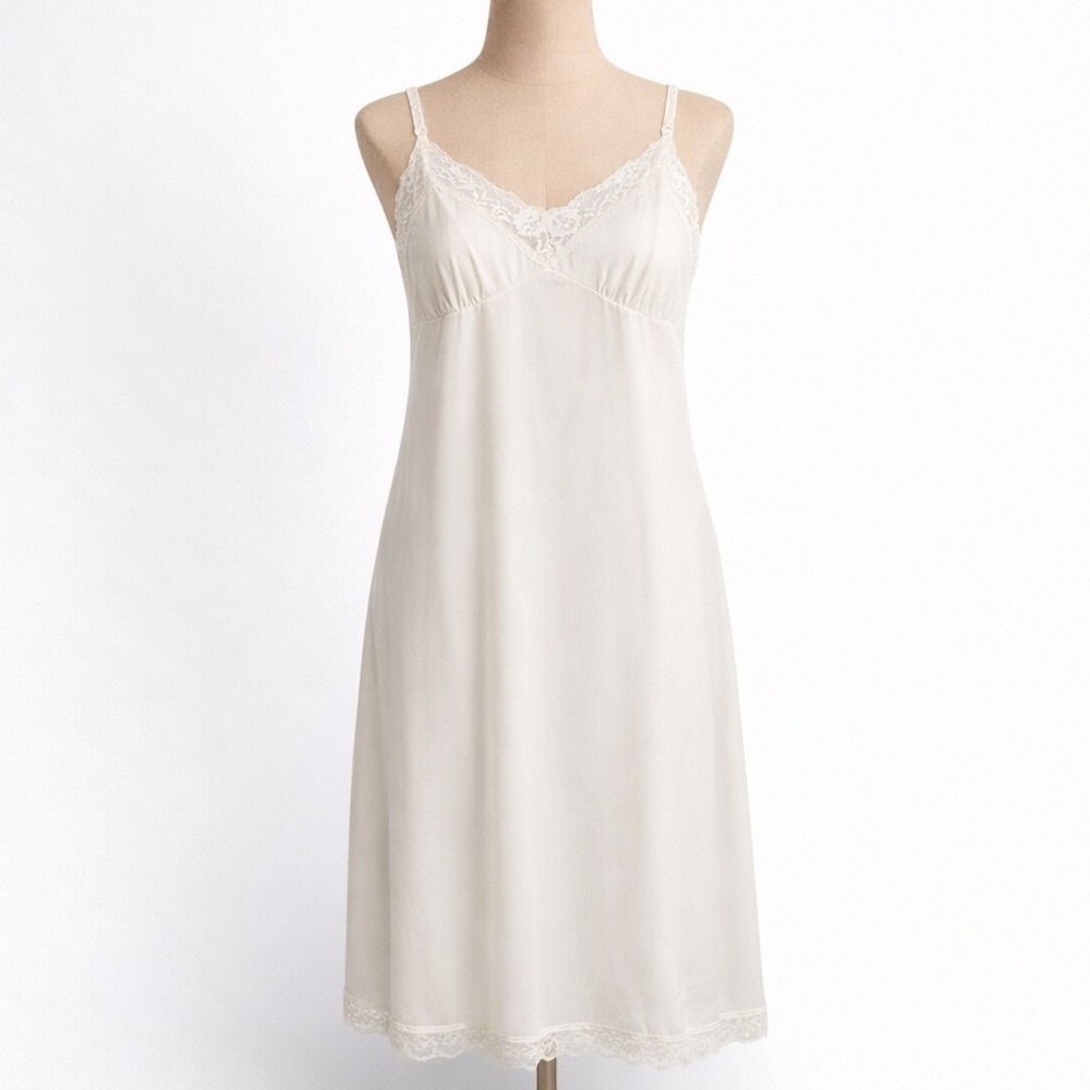 Vintage Lace Satin‎ Slip Dress Ivory L Fairy Coquette Romantic Lingerie Bridal